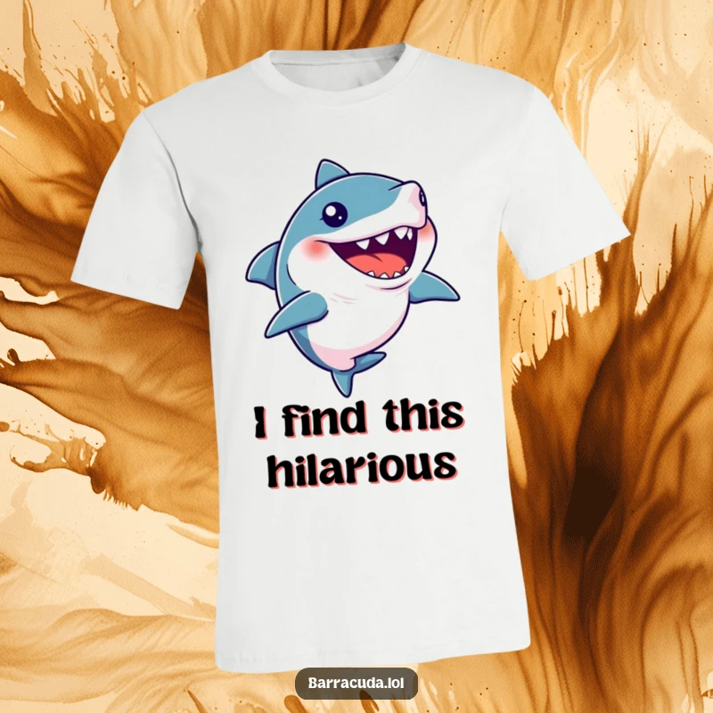 Funny t-shirt showcasing a barracuda with its mouth open in a silent, humorous giggle.