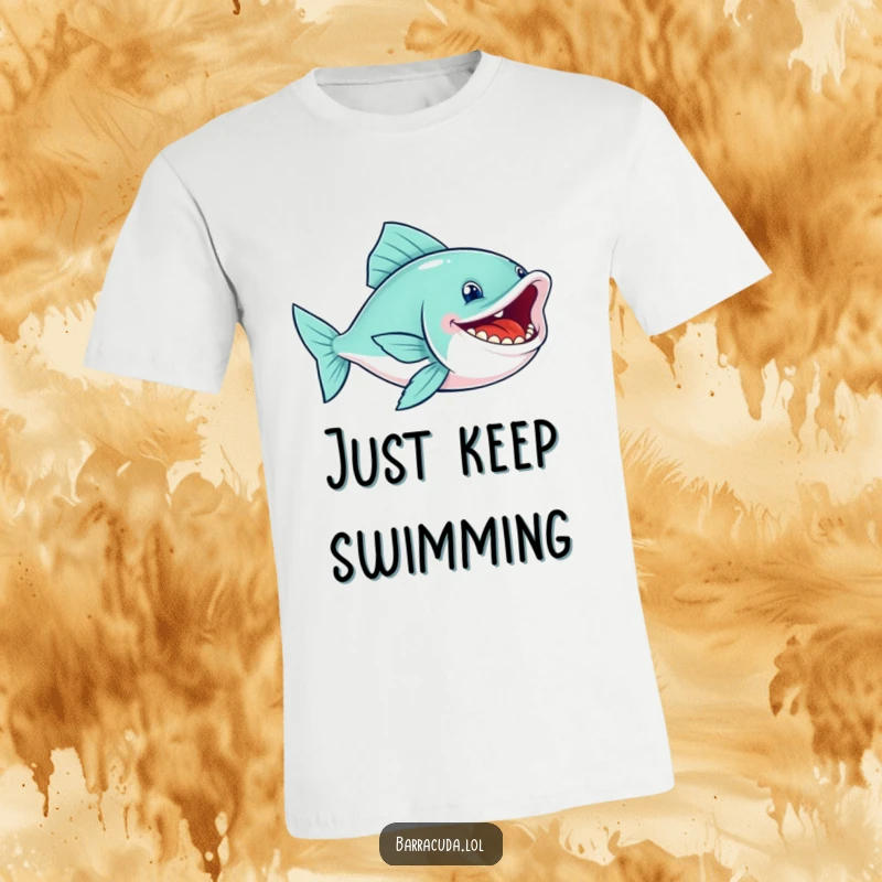 Funny fish t-shirt showcasing a sleek swimmer with a wide, toothy grin, expressing pure glee and playful energy.