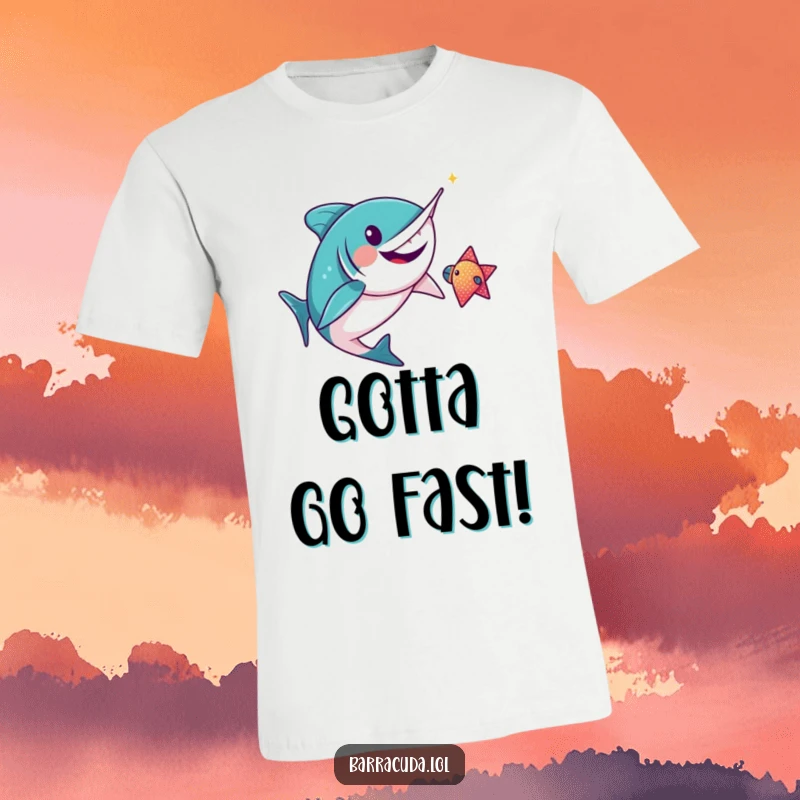 Funny kawaii barracuda gleefully chasing a sparkly fish on a t-shirt, a humorous depiction of aquatic prey.