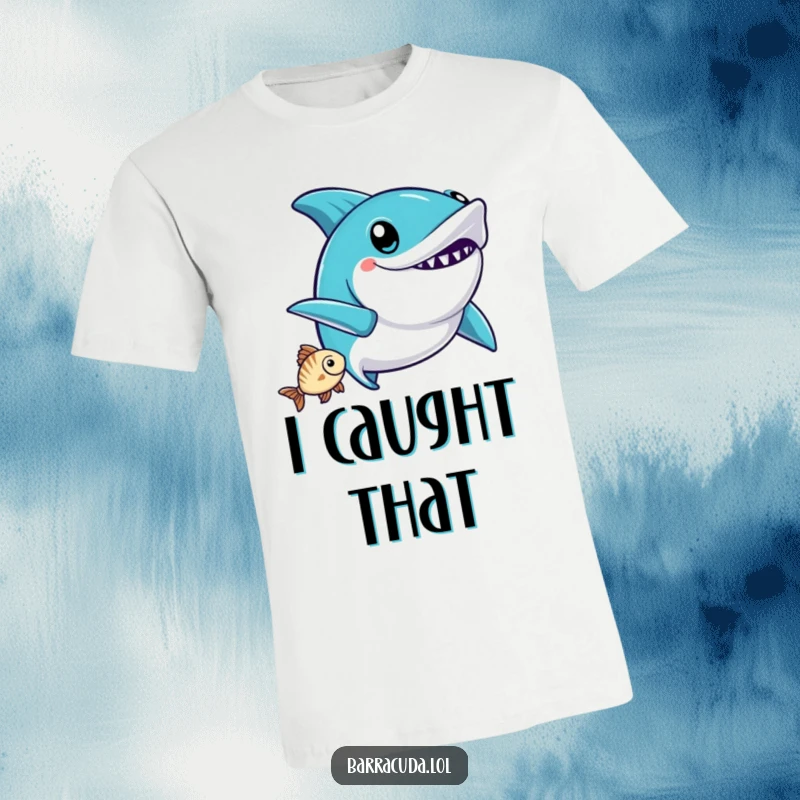 Funny Kawaii Barracuda T-Shirt: a cute barracuda does a victorious wiggle after catching a fish, radiating pure happiness.