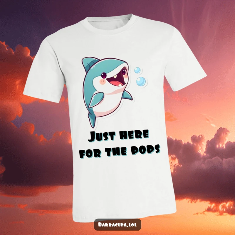 Funny barracuda character gleefully chasing a small, iridescent bubble in this vibrant and humorous t-shirt design.