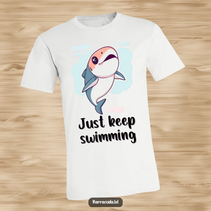 Funny Kawaii Barracuda T-Shirt with a fish performing a playful underwater flip, symbolizing energy and fun.