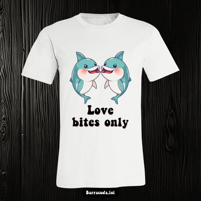 Funny pair of kawaii barracudas playfully bumping mouths on a t-shirt, a humorous depiction of aquatic affection.