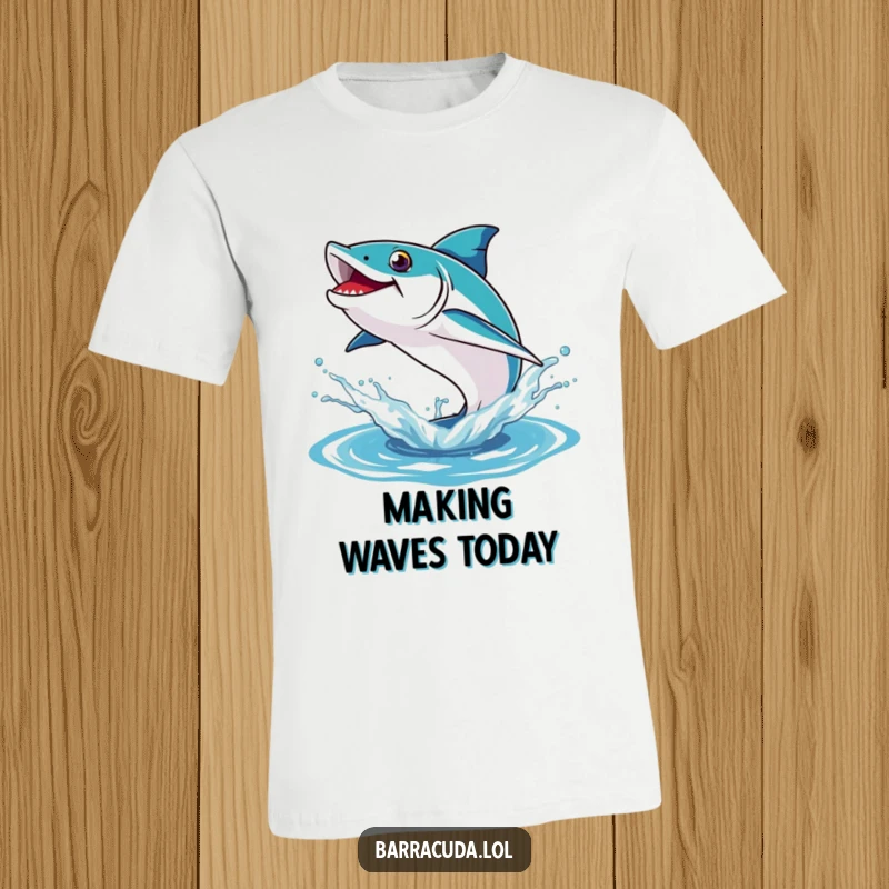Funny t-shirt featuring a barracuda mid-air, joyfully leaping out of a dramatic, frothy water splash.