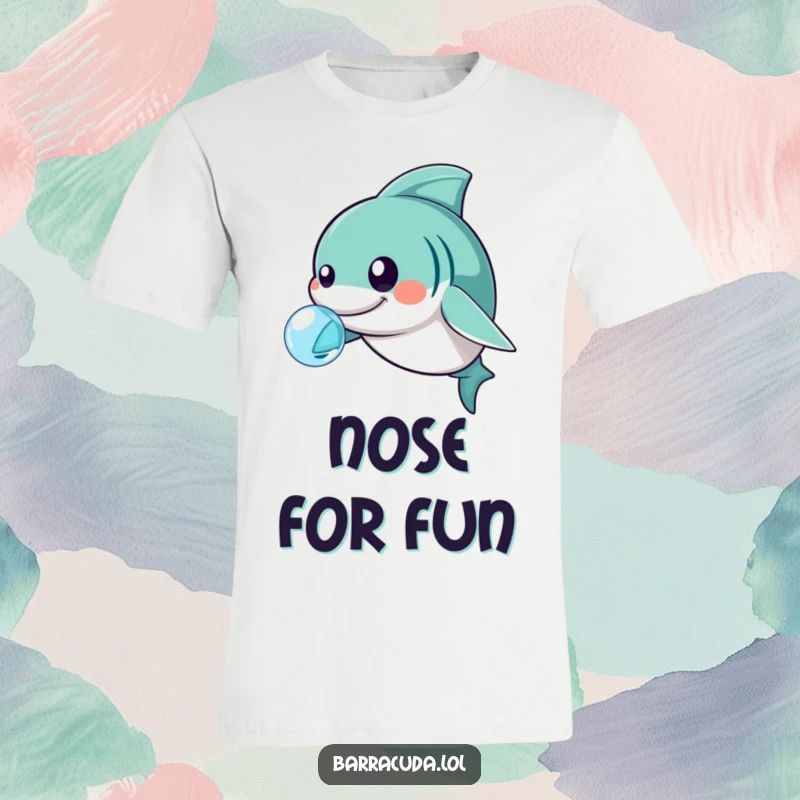 Funny kawaii barracuda playfully pushing a bubble with its nose, charming underwater t-shirt.