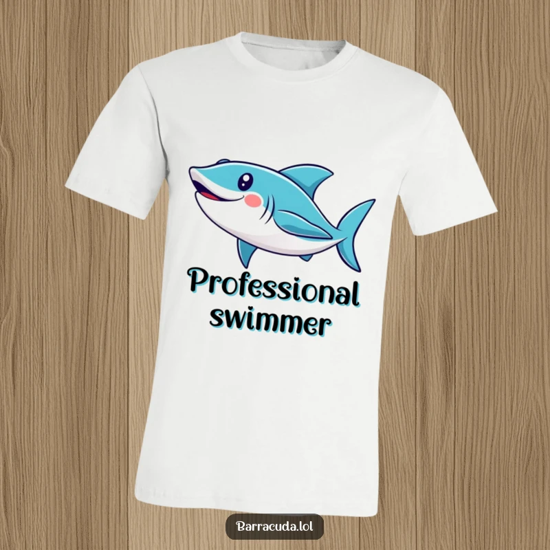 Funny barracuda t-shirt featuring a cute, smiling fish doing a loop, symbolizing freedom and lighthearted fun in the sea.