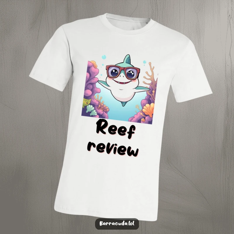 Funny Kawaii Barracuda T-Shirt: a cute barracuda with big glasses surveys the reef, radiating intelligence and ocean fun.