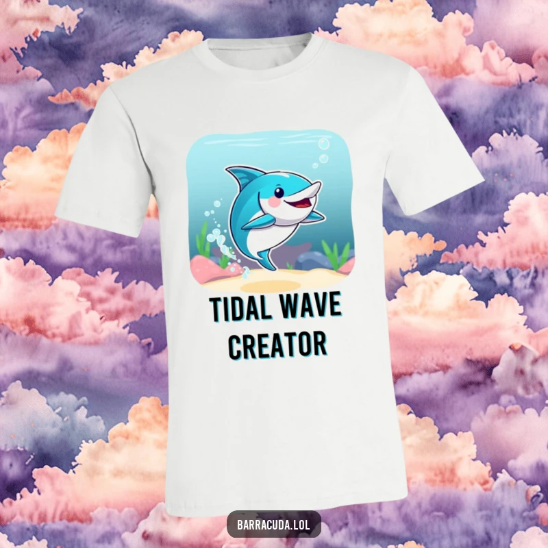 Funny t-shirt showcasing a barracuda performing a synchronized swimming move with big, enthusiastic splashes, ideal for aquatic humor lovers.