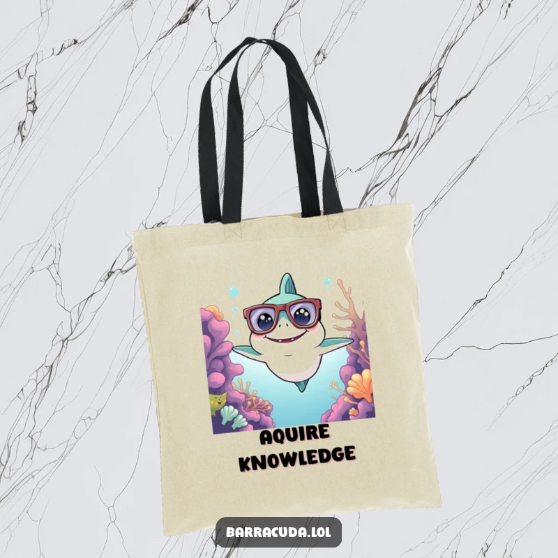 Funny Kawaii Barracuda Tote Bag: a cute barracuda in big glasses surveys the reef, perfect for carrying smarts and style.