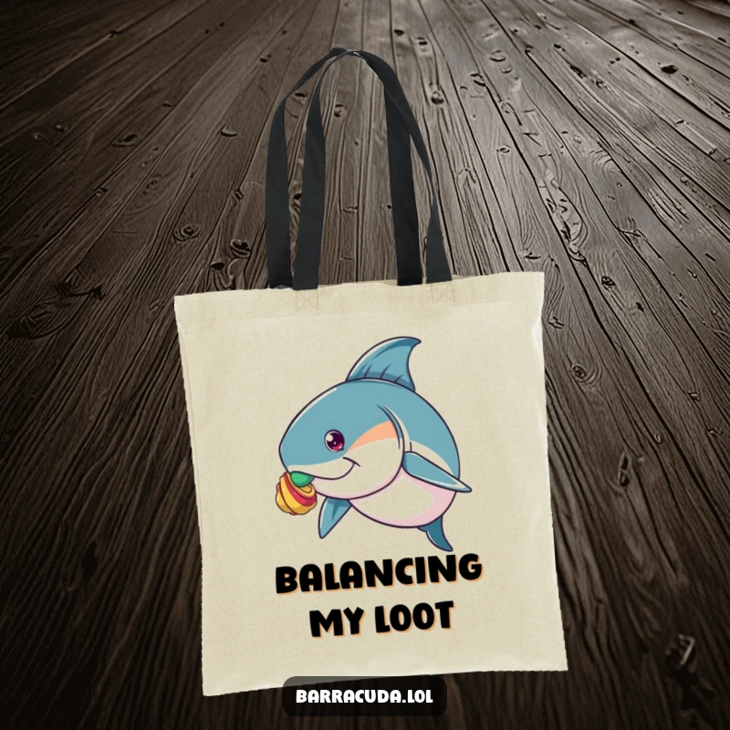 Funny tote bag showing a barracuda concentrating hard to balance a small, colorful shell on its snout, a humorous accessory.