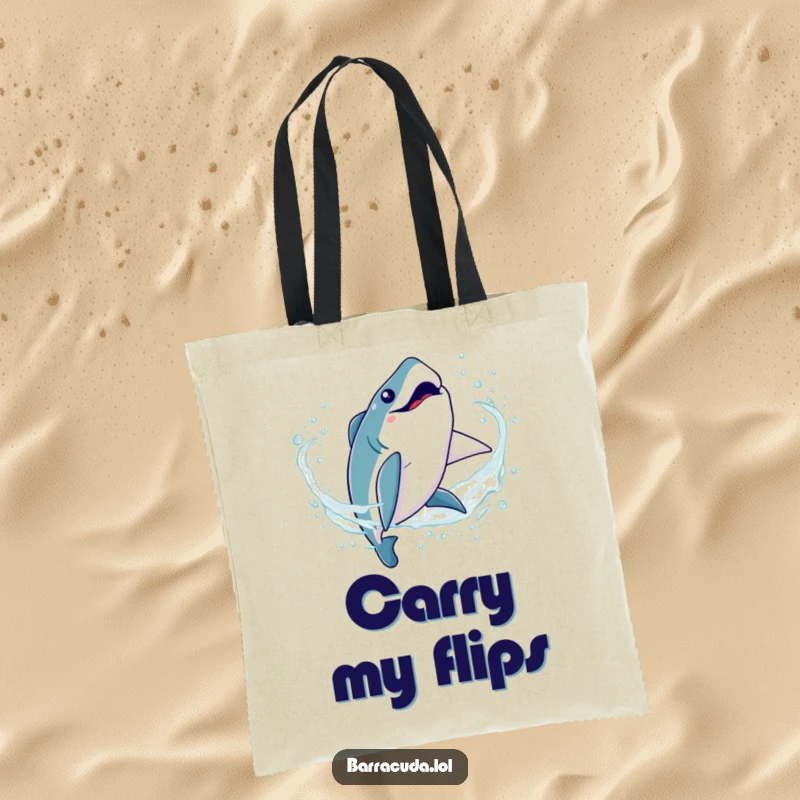 Funny Kawaii Barracuda Tote Bag: Features a cute fish doing a silly somersault flip through sparkling water, perfect for everyday use.
