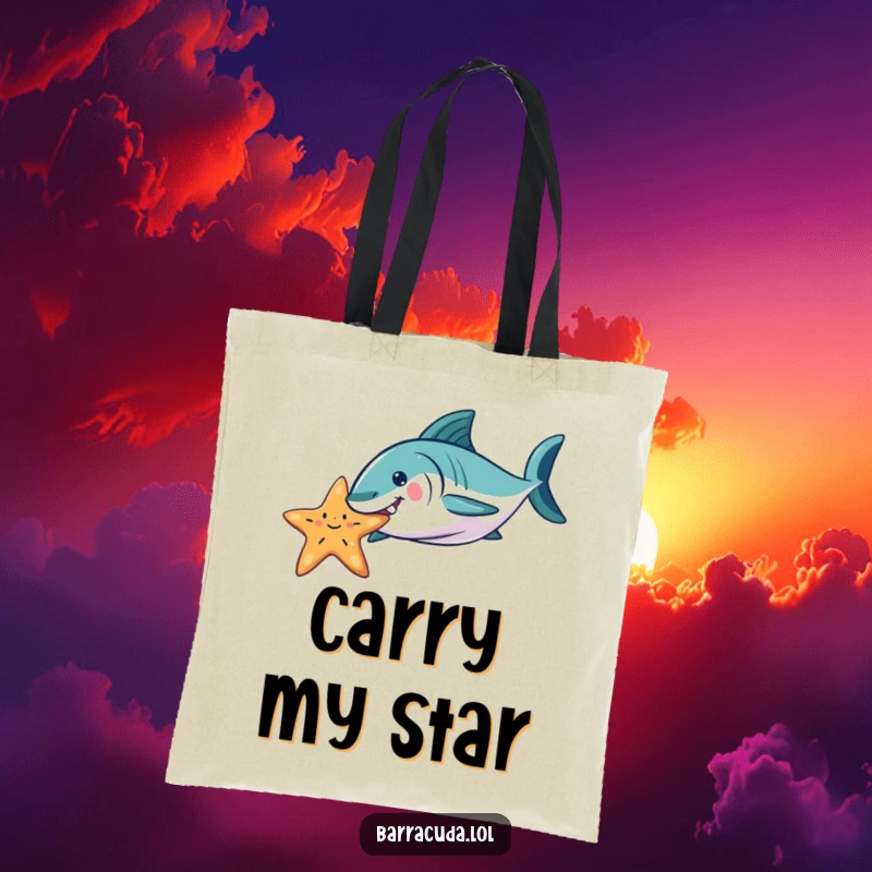 Funny Barracuda tote bag showing a playful barracuda nudging a floating starfish, perfect for carrying items with a touch of ocean humor.