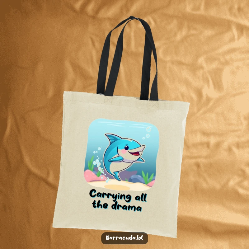 Funny tote bag depicting a barracuda mid-synchronized swimming move with dynamic water splashes, a humorous aquatic accessory.