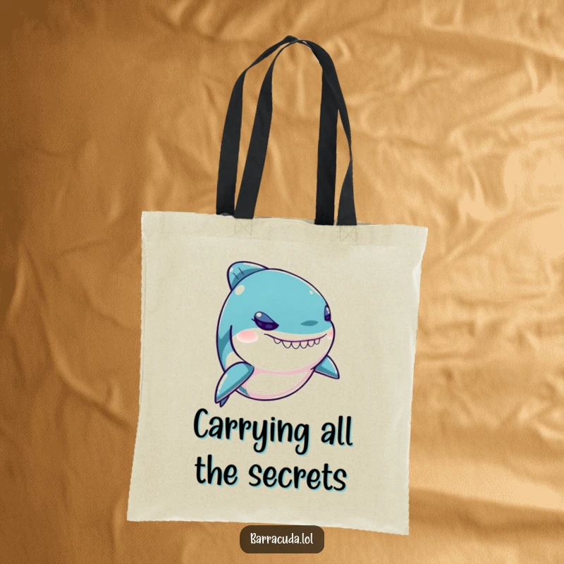 Funny Kawaii Barracuda Tote Bag featuring a mischievous fish with a twinkling eye, ideal for carrying treasures and smiles.