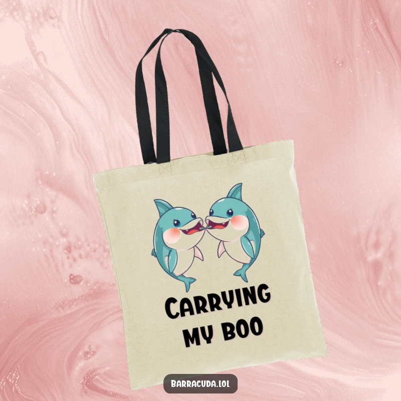 Funny pair of kawaii barracudas playfully bumping mouths on a tote bag, for carrying fun and affection.
