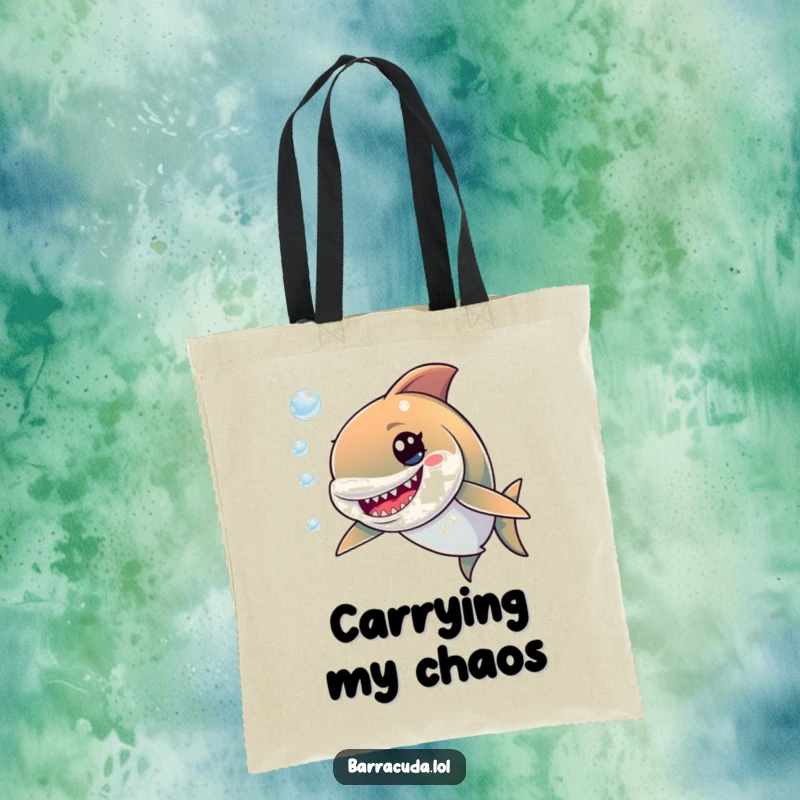 Funny tote bag with a cute barracuda sporting a mischievous grin, playfully engaged in chasing a stream of effervescent bubbles.