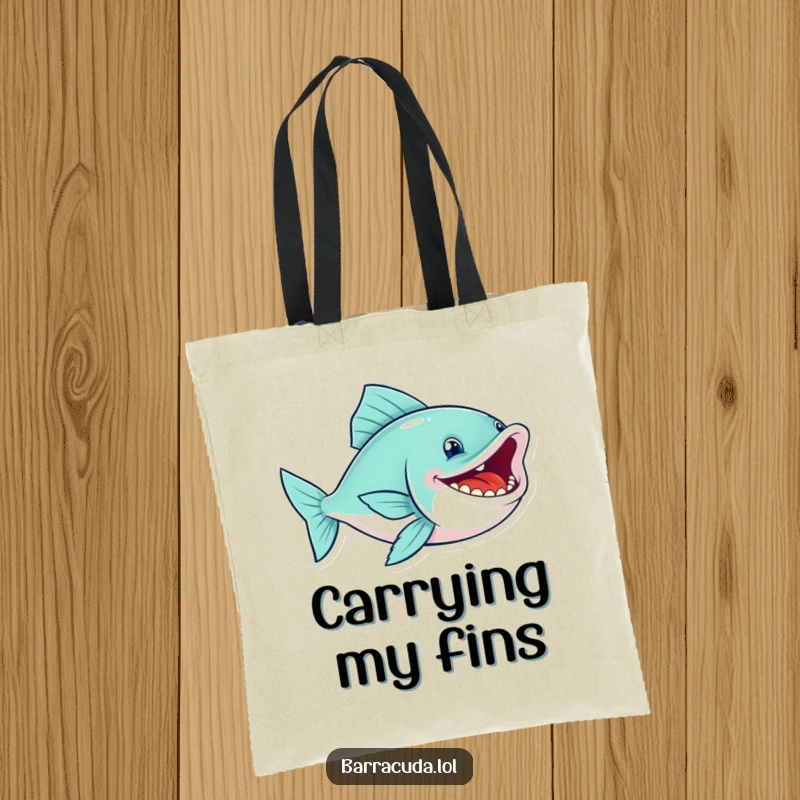 Funny fish tote bag featuring a sleek swimmer with a wide, toothy grin, swimming with infectious glee, great for shopping.