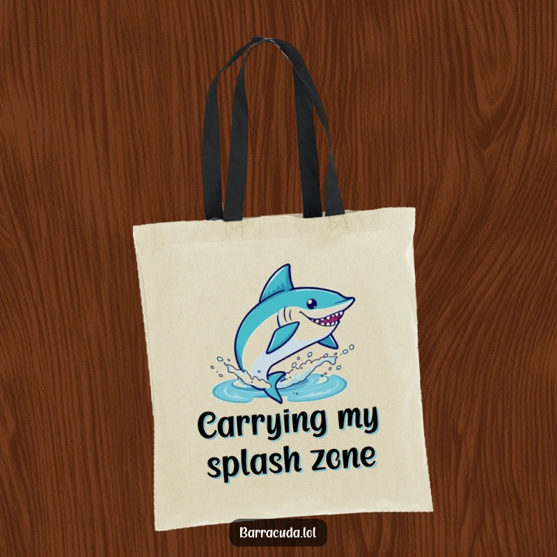 Funny kawaii barracuda leaping out of water with a splash, durable and humorous tote bag.