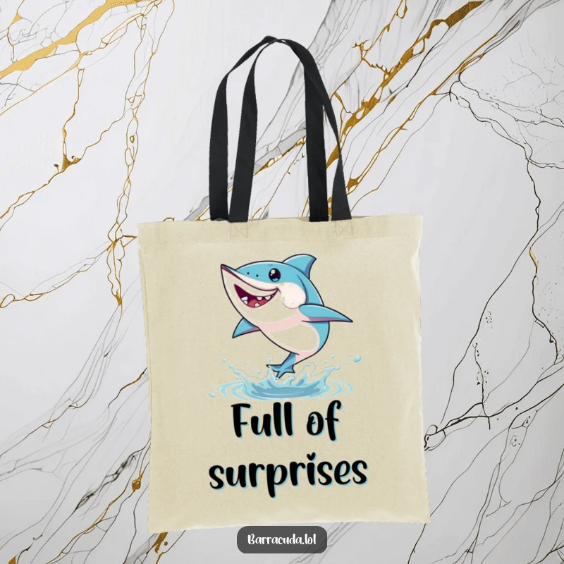 Funny barracuda tote bag featuring a fish energetically leaping playfully out of the water, perfect for carrying essentials with style.