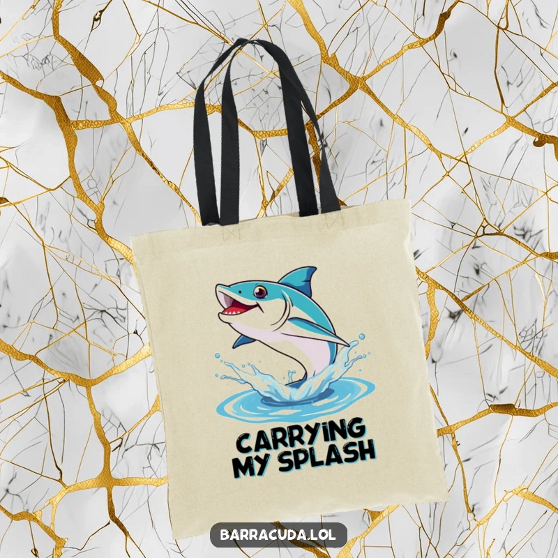 Funny tote bag illustrating a barracuda leaping exuberantly from a vibrant, splashing water formation.