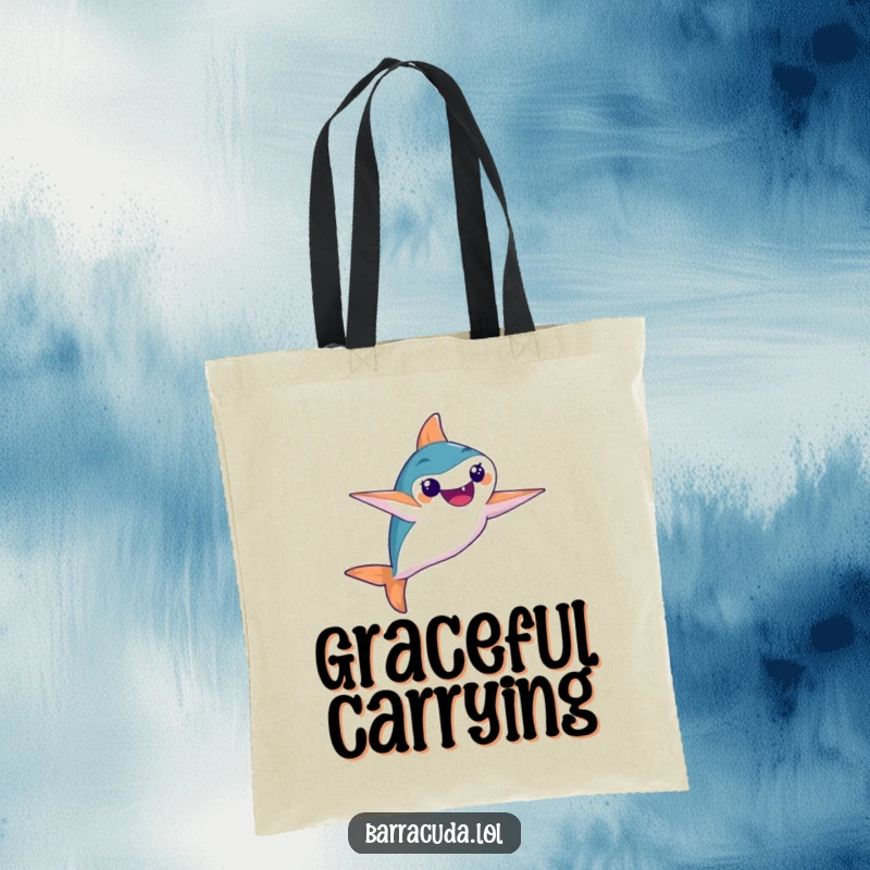 Funny tote bag designed with a barracuda performing a graceful synchronized swimming move with exquisite flair.