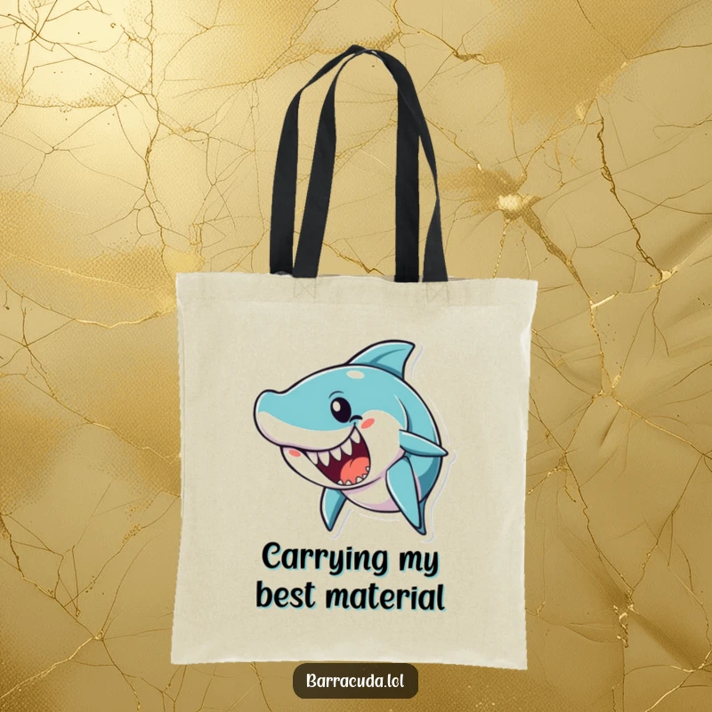 Funny barracuda character with an open mouth, as if telling a joke, on a humorous and practical tote bag.