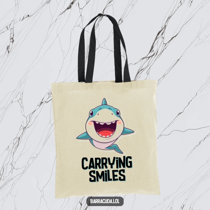Funny tote bag showcasing a kawaii barracuda with an enormous, toothy grin, swimming forward energetically with a unique ocean flair.