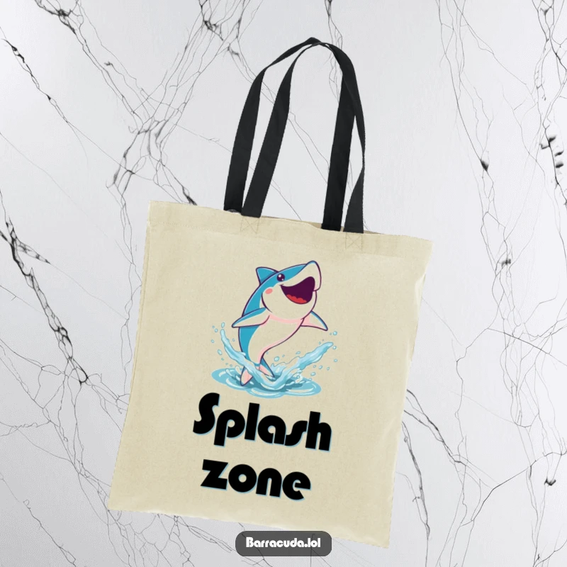 Funny Kawaii Barracuda Tote Bag: a cute barracuda leaping joyfully out of the water with a splash, great for energy.