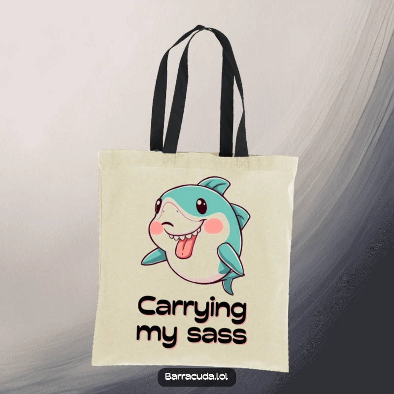 Funny kawaii barracuda making a silly face with its tongue sticking out slightly on a tote bag, a humorous accessory.