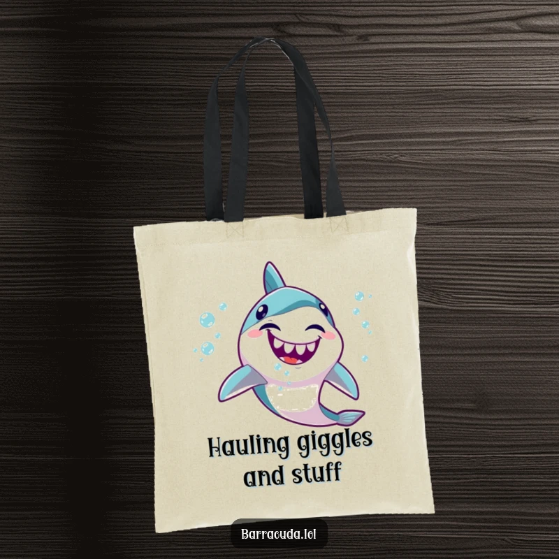 Funny Kawaii Barracuda Tote Bag: Features a cute fish giggling and spitting a stream of tiny, happy bubbles, perfect for everyday use.