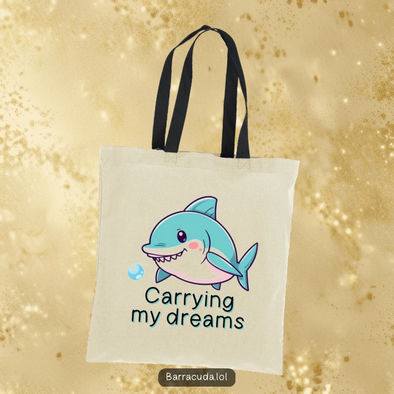 Funny Kawaii Barracuda Tote Bag: Features a cute fish energetically chasing a small, shimmering bubble, perfect for carrying essentials.