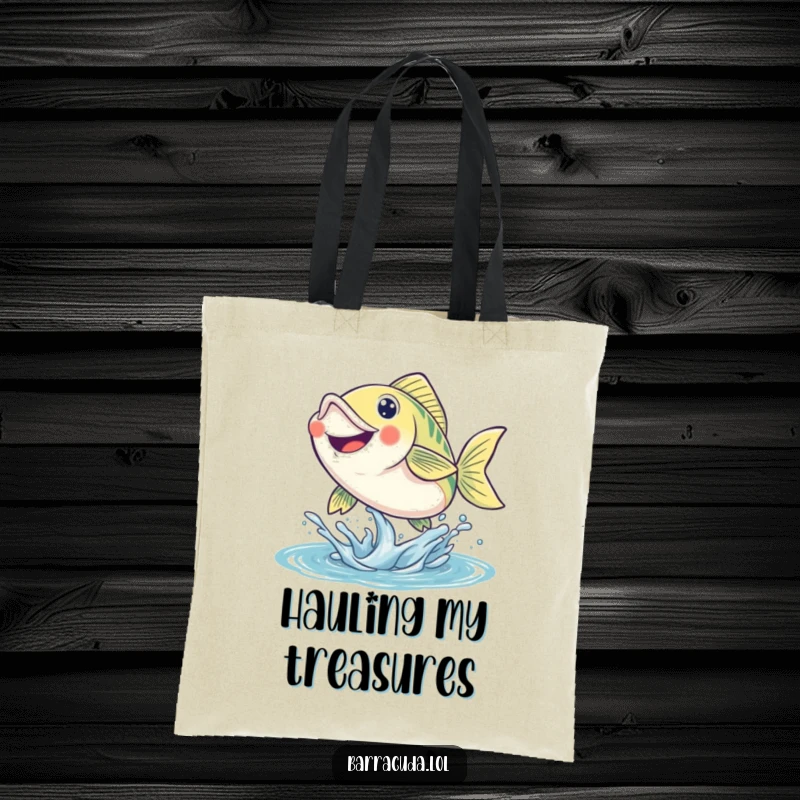 Funny fish tote bag showing a smiling fish leaping energetically out of the water, perfect for carrying daily items.