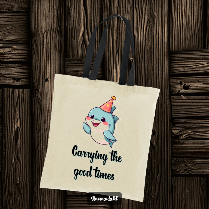Funny barracuda tote bag with a small, cheerful fish wearing a tiny party hat, perfect for carrying party essentials and smiles.