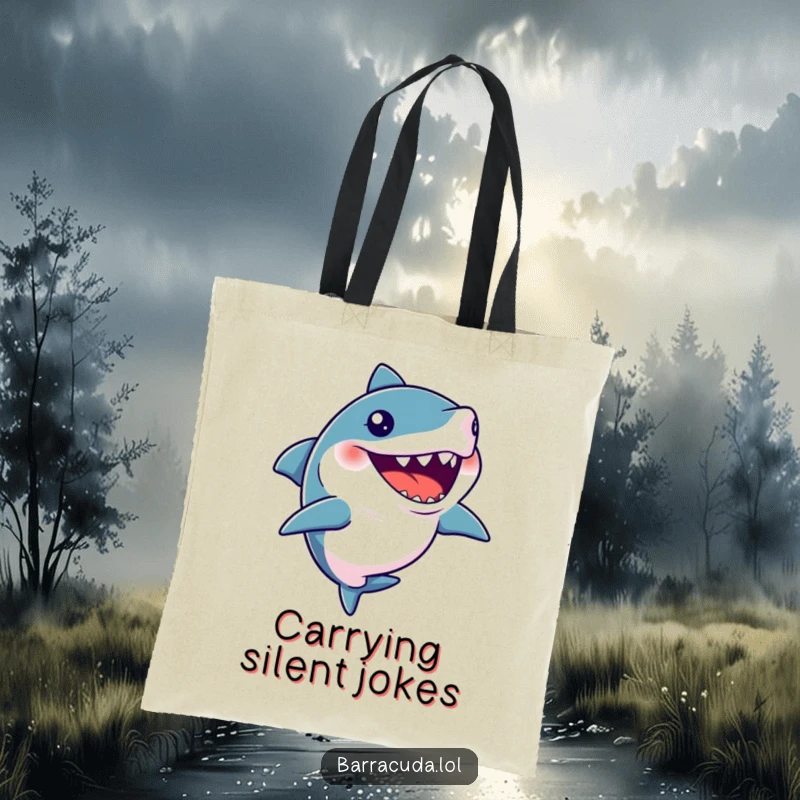 Funny tote bag featuring a barracuda with its mouth open in a silent, comical giggle, perfect for errands.