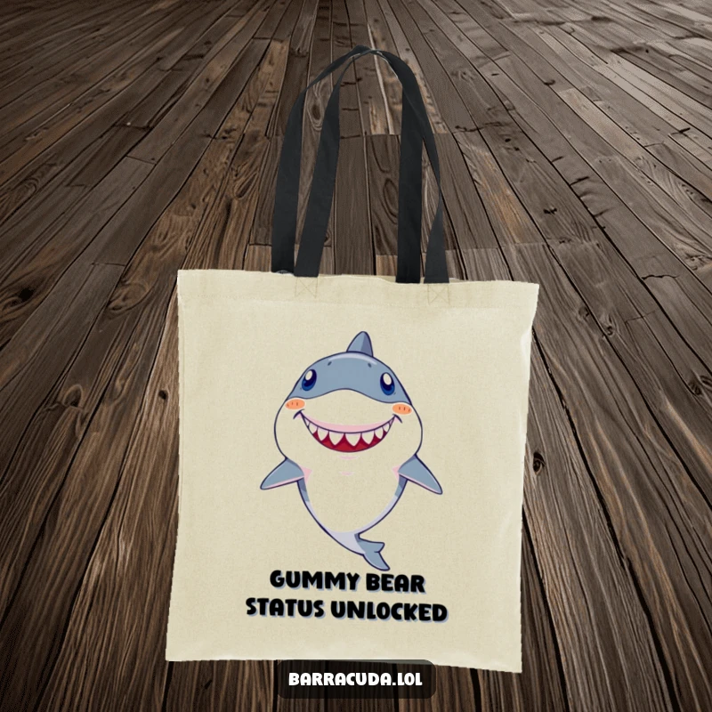 Funny Kawaii Barracuda Tote Bag: Adorable fish with one prominent goofy tooth, grinning broadly, ready for errands and laughs.