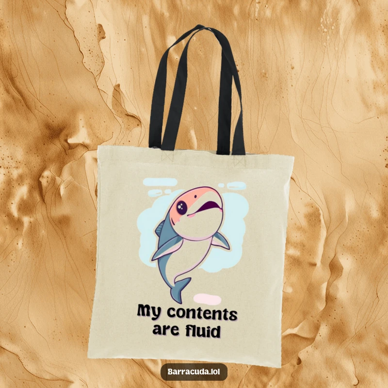 Funny Kawaii Barracuda Tote Bag showing a fish doing a playful underwater flip, ideal for carrying daily necessities.