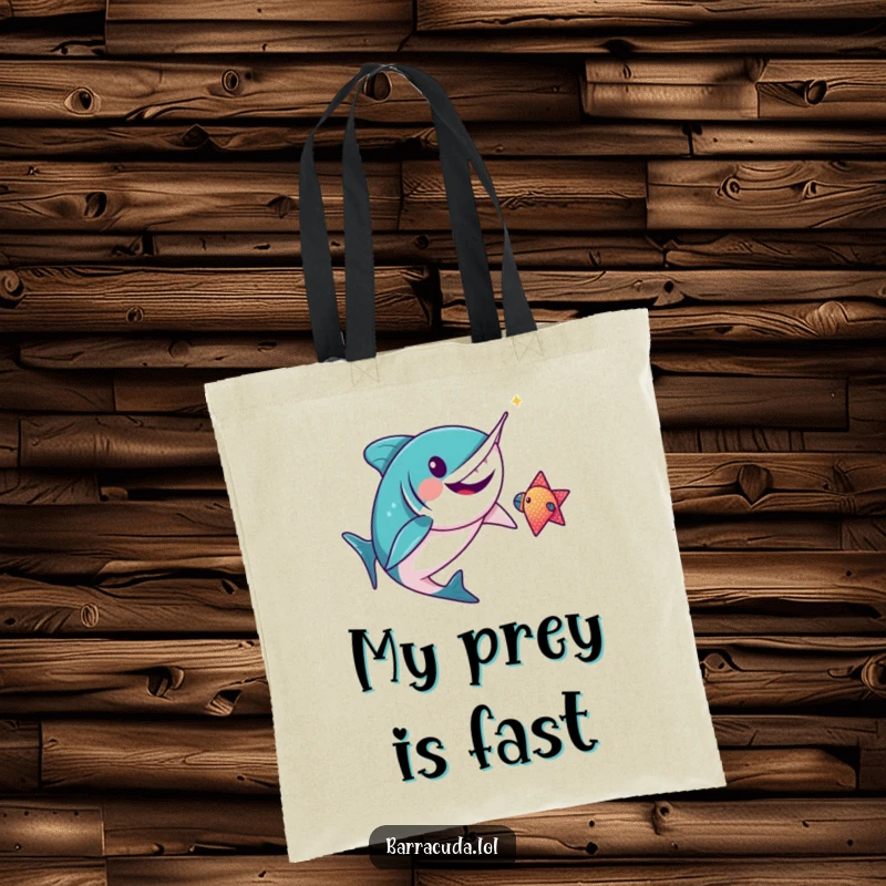 Funny kawaii barracuda gleefully chasing a sparkly fish on a durable tote bag, perfect for carrying essentials with humor.