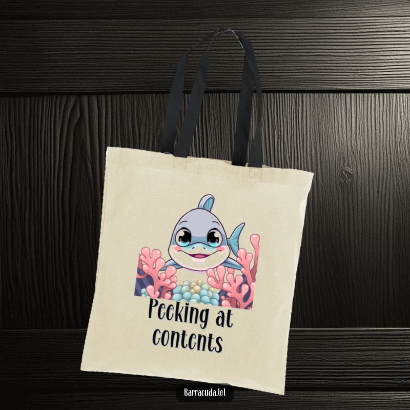 Funny barracuda tote bag of a fish peeking from coral, ideal for carrying items with a humorous, curious vibe.