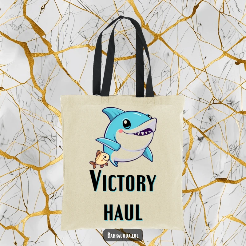 Funny Kawaii Barracuda Tote Bag: a cute barracuda does a victorious wiggle after catching a fish, perfect for winners.